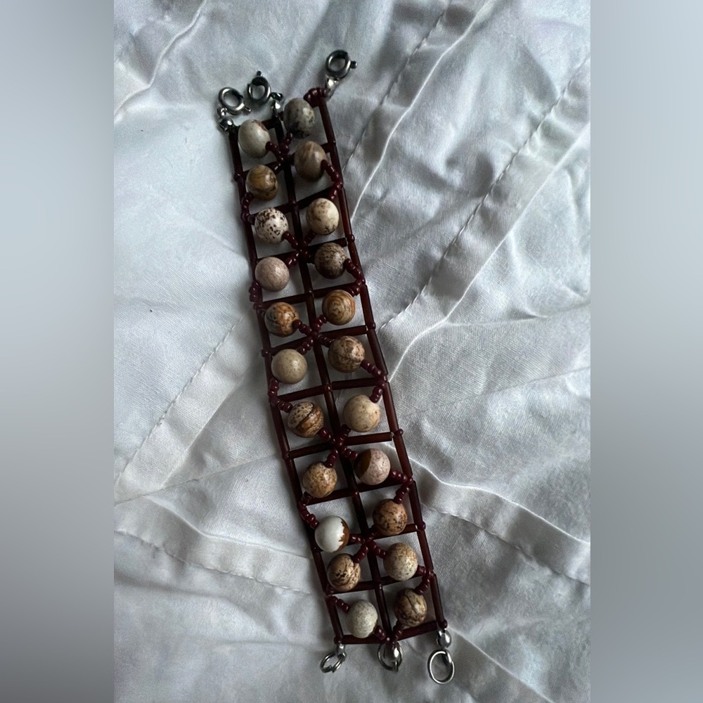 Handmade Jasper Beaded Bracelet Burgundy Dark Red Artisan Craft Fair
